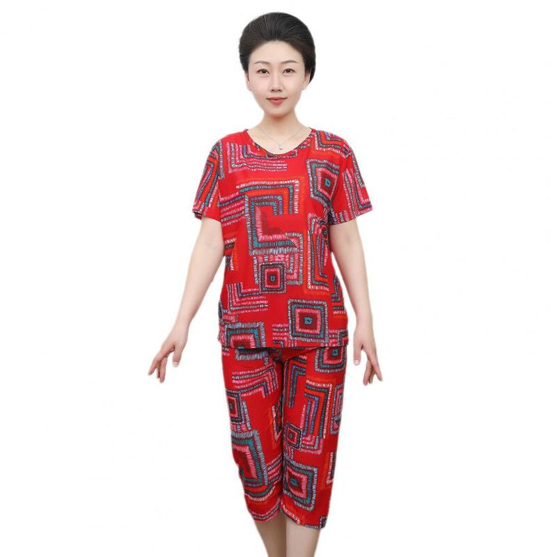 Women Daily Outfit Ethnic Style Women's T-shirt Pants Set with Printed Top Cropped Trousers for Casual Sport Outfit 2 Pcs/set