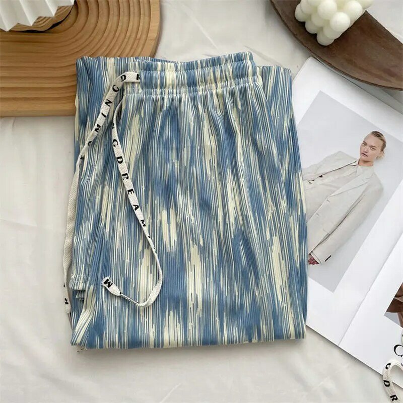 Pantalones coreanos con estampado Tie Dye para mujer, ropa femenina de cintura alta, básica, con cordón, pierna ancha, holgados e informales, Verano