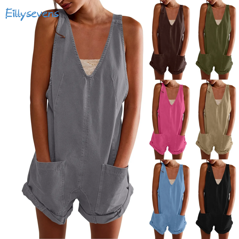 Womens Overalls Shorts Jumpsuits Summer Casual Solid V Neck Sleeveless Jumpsuits Daily Leisure Vacation All-Match Loose Rompers