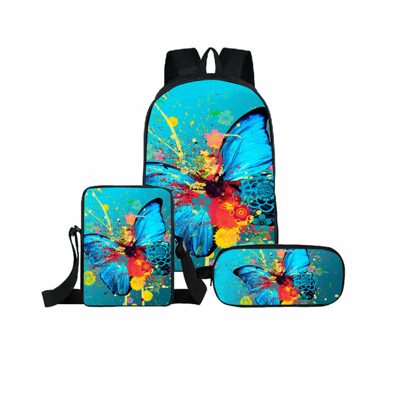 3D Butterfly Print School Bags, mochila para laptop, mochila, bolsa de ombro inclinado, estojo de lápis, clássico, engraçado, 3pcs, conjunto