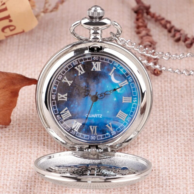 Reloj de bolsillo de cuarzo para hombres y mujeres, reloj de estrella azul, reloj de bolsillo de cuarzo, cadena antigua