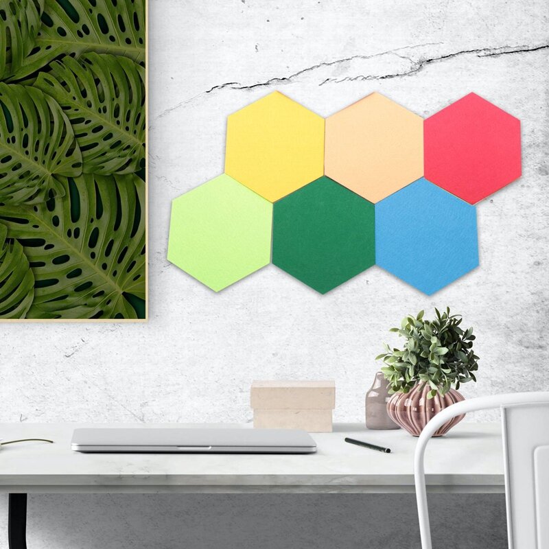 NEW-6 Pack Hexagon Felt Pin Board Self Adhesive Bulletin Memo Photo Cork Boards Colorful Foam Wall Decorative Tiles With 6 Pushp