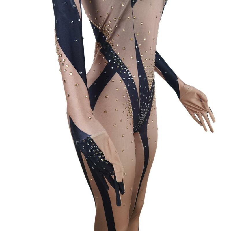 Sexy Dance Costume Stage Wear with Golve Nightclub Pole Dancing Outfit Sparkly Rhinestones Jumpsuit Skinny Tights Banyuan
