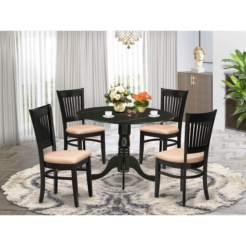 East West Furniture Dublin 5 Piece Dining Set for 4 Includes a Round Kitchen Table with Dropleaf and 4 Linen Fabric Upholstered