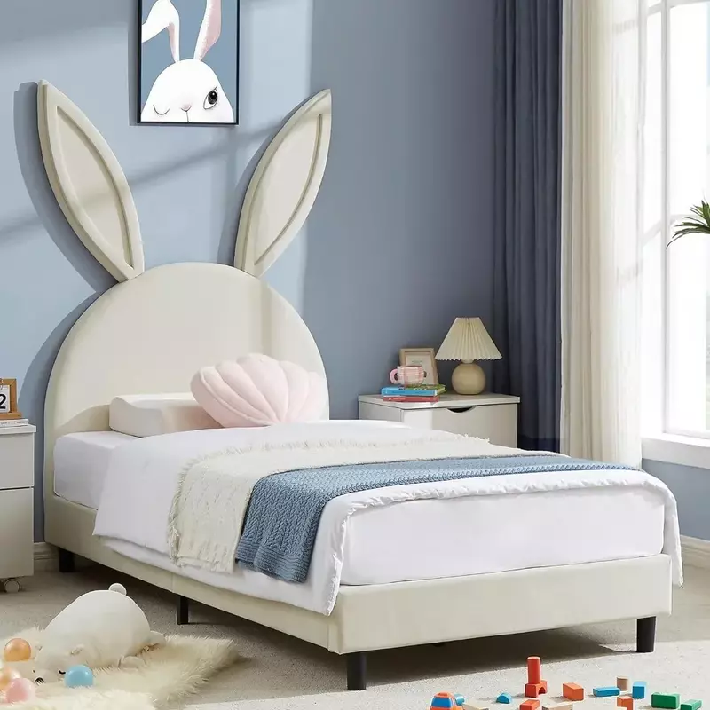 Dziecięca bliźniacza rama łóżko z pełnymi bokami z wyściełanym zagłówkiem, wsparta na 12 listwy drewniane, bez sprężyn, łóżko księżniczki dla dziewczynek