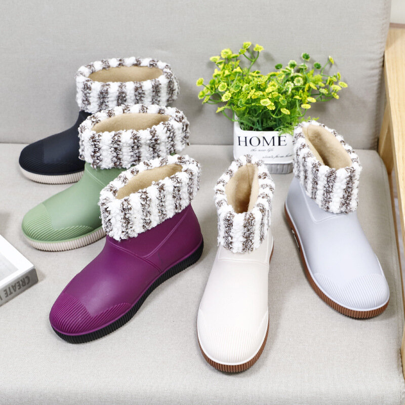 Женские непромокаемые сапоги, модные универсальные водолазные туфли из ПВХ Four Seasons, резиновая обувь плюс хлопок, сохраняющая тепло, размер 36–44