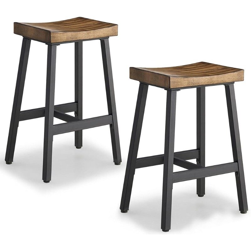 Bar Stools, Counter Height Bar Stools, Set of 2, Brown Solid Wood Saddle Stools with Metal Legs, 24 Inch Kitchen Counter Stools