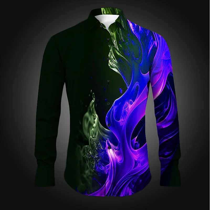 High-End Artistieke Stijl Digitale Vlam Print Heren Shirt Met Lange Mouwen Casual Heren Hawaii 2024 Nieuw Heren Shirt Met Lange Mouwen