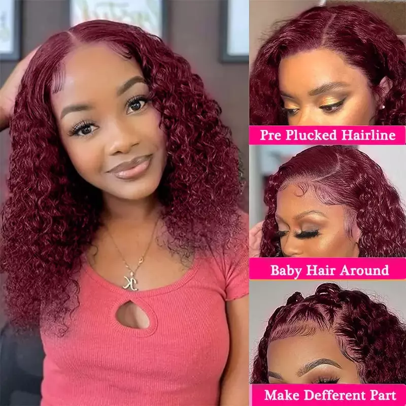99J Burgundy Red Short Curly Bob Wig 13x4 Lace Frontal Wigs With Baby Hair For Women Brazilian Human Hair Transparent Lace Wigs