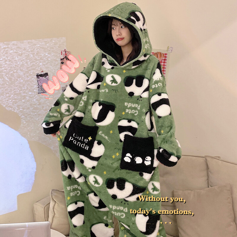 Зимняя плотная женская пижама, комбинезон, комбинезоны с принтом панды, одежда для сна для взрослых, Корейская женская пижама, мягкий плюшевый костюм с капюшоном для отдыха