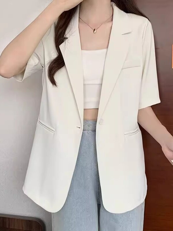 Fato fino de manga curta feminino, jaqueta estilo coreano, casual, solta, combina com tudo, escritório, Lady, blazer monocromático, novo, verão, 2022