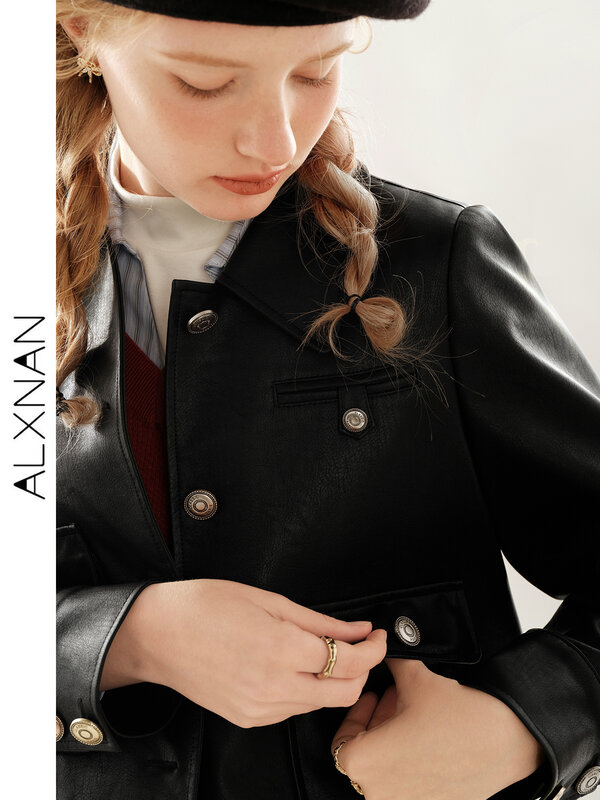 ALXNAN damska elegancka skórzana kurtka z długim rękawem i klapami płaszcz ze sztucznej skóry Vintage jednorzędowa krótka kurtka motocyklowa TM00320