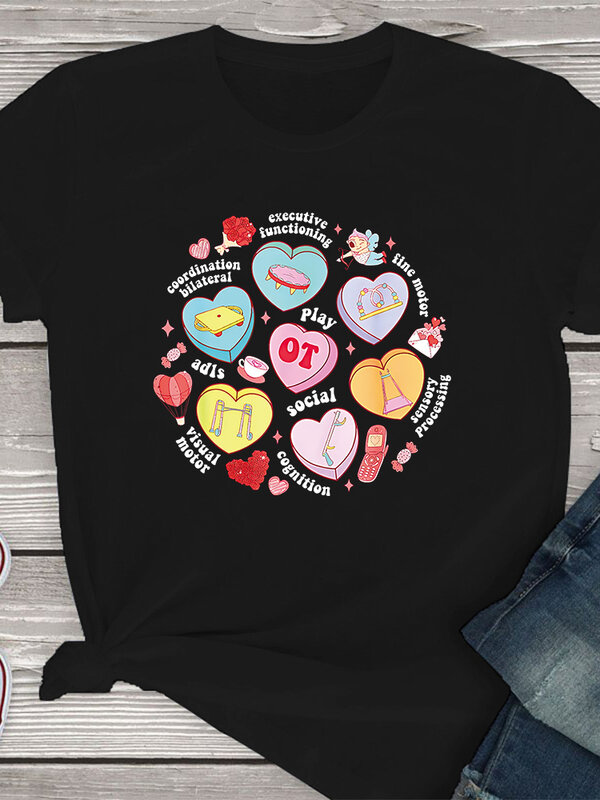 Camiseta con estampado de caja de regalo para mujer, camiseta con diseño creativo de amor, moda Harajuku Y2K, ropa Retro informal de cuello redondo, top para niña 2024