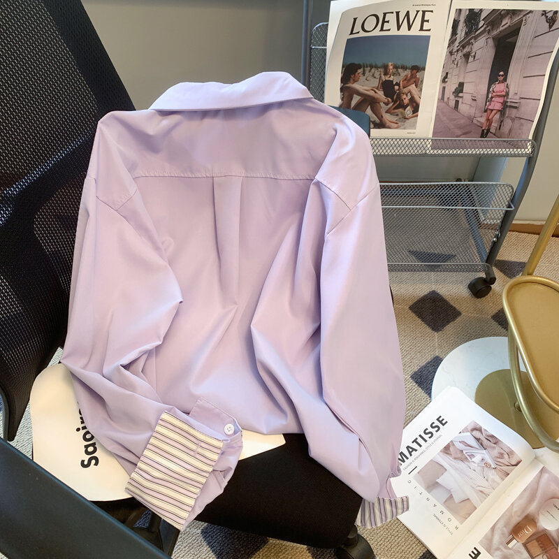 2024 donna primavera autunno moda cuciture camicia a righe femminile manica lunga camicette larghe bottoni da donna camicie Casual J06