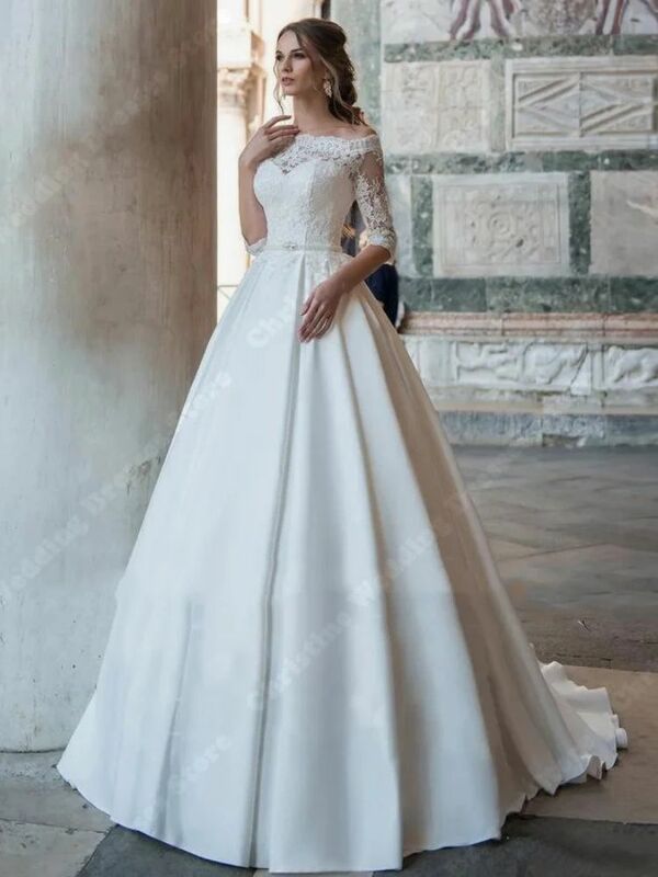 Фатиновое свадебное платье с открытыми плечами, средней длины, с длинным рукавом