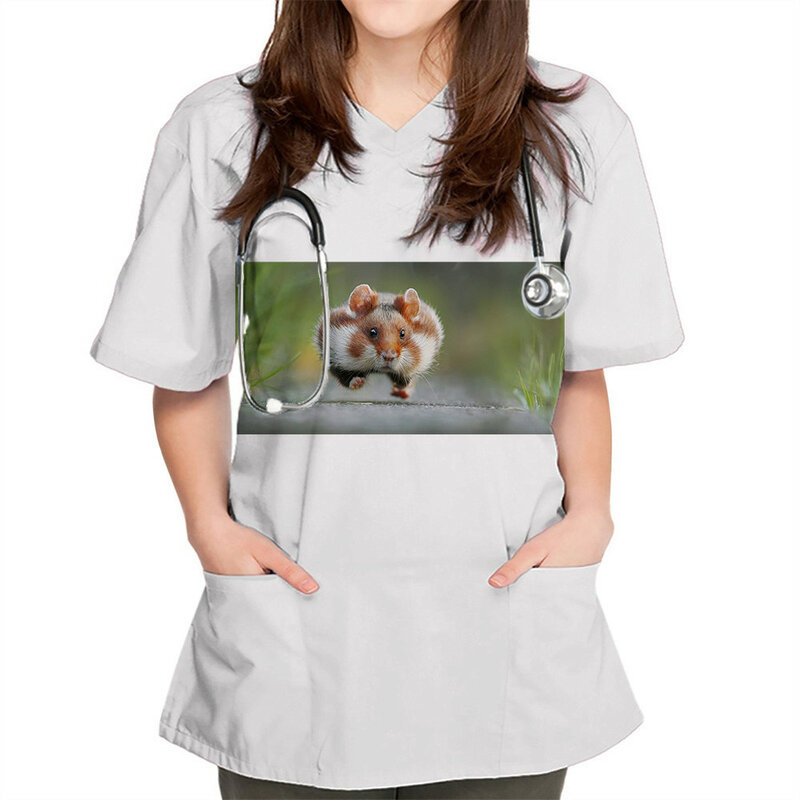 Kobiety nadruk zwierzęta pielęgniarki jednolite bluzki z krótkim rękawem z dekoltem w szpic ubrania robocze nadrukiem bluzka z kieszenią bluzki pielęgnacja zwierząt domowych mundury