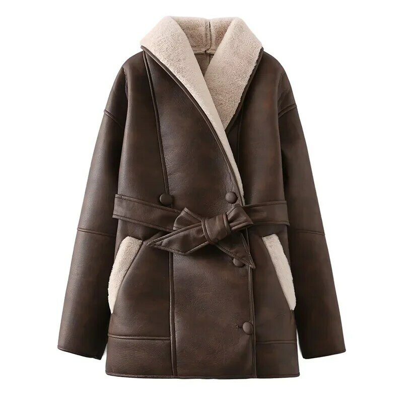 Женское длинное пальто, зимняя винтажная куртка из искусственного меха, модные парки с поясом, женская верхняя одежда, верхняя одежда, женское меховое пальто