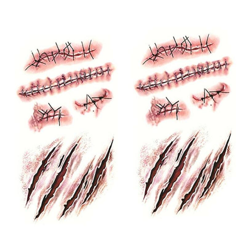 Terrore sangue realistico 2 pezzi autoadesivo del tatuaggio temporaneo cicatrice da lesioni finte di Halloween