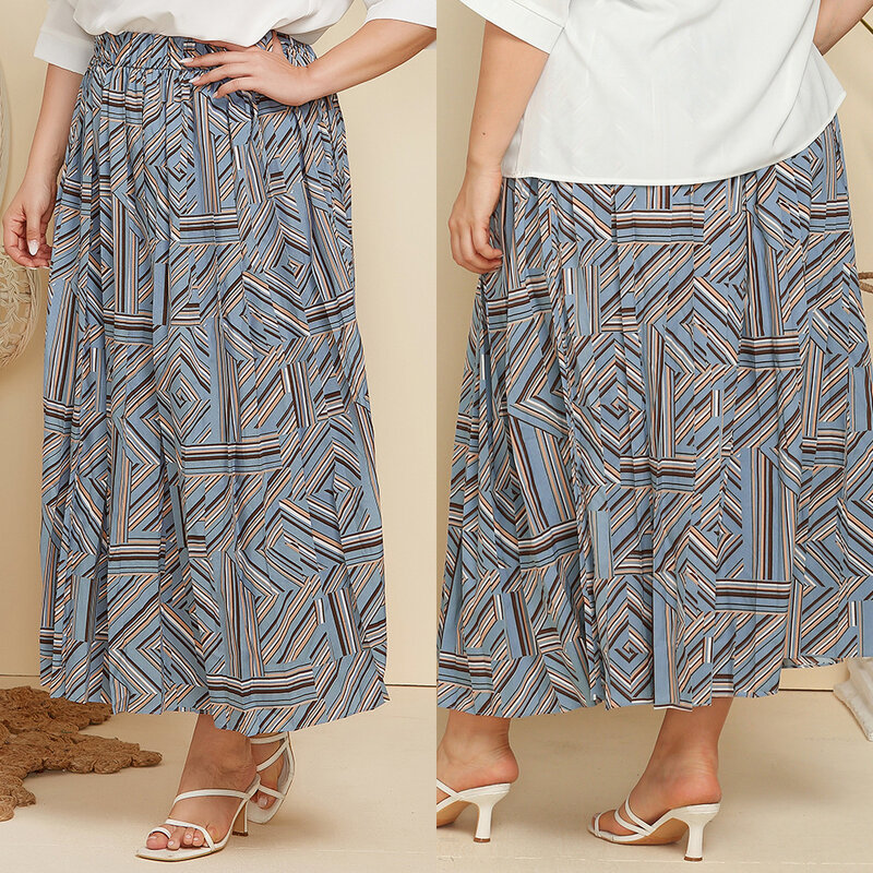 2024 Spring and Autumn New Plus Size Women's Geometric Print Pleated Skirt Loose Long Skirt JR119