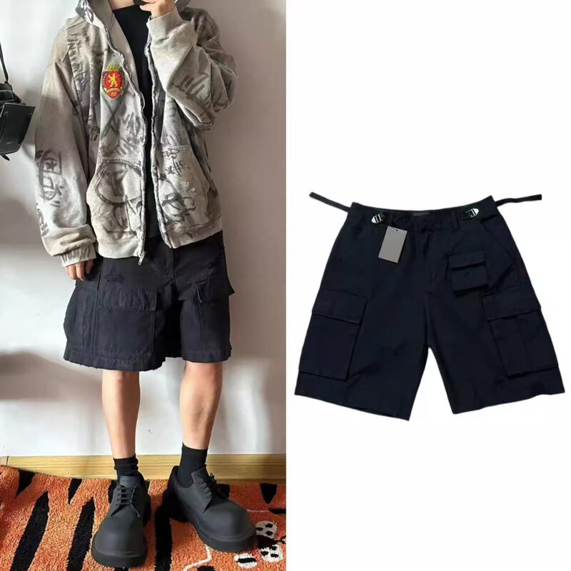 Firmranch-Shorts pretos para homens e mulheres, bolso múltiplo, pernas largas, calças curtas casuais com fivela na cintura, frete grátis, verão, 2022