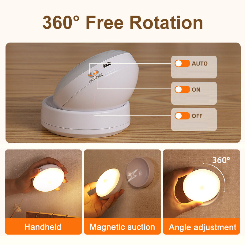 Wireless Round Motion LED Night Light USB Carregamento Gabinete Night Lamp Mesa de cabeceira Para Quarto Home Closet Sensor Luzes