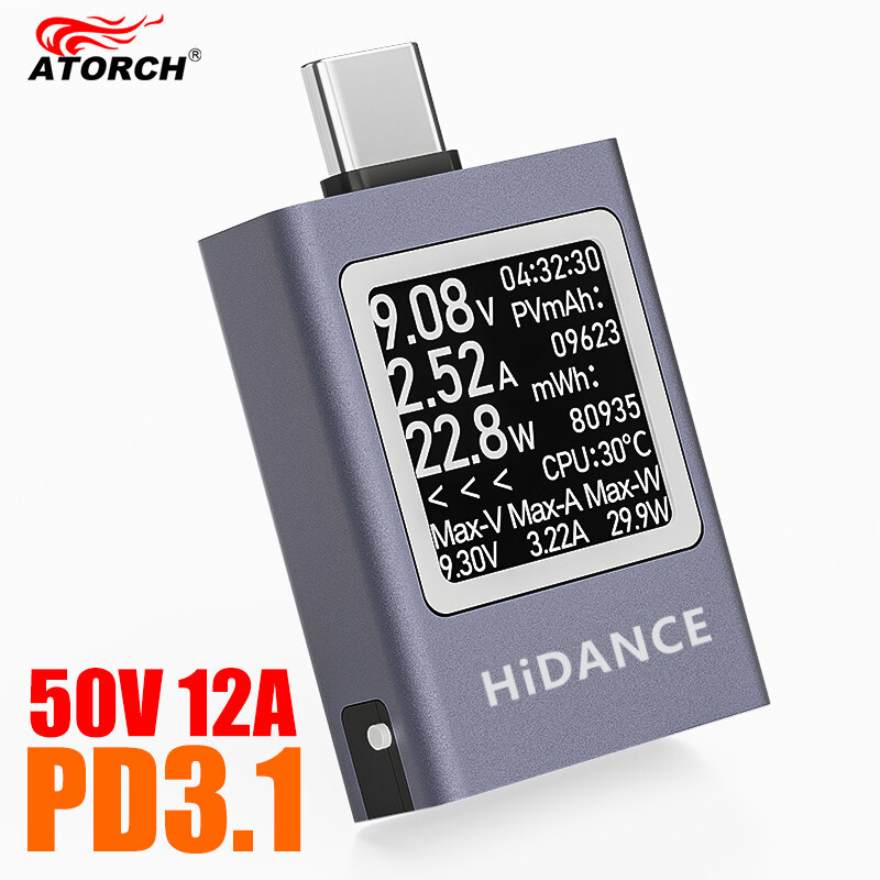 HDC-085C DC 4.5-50V 0-12A PD3.1 Multi-function Digital Display DC Voltage Ammeter Power Meter Type-c Cell Phone Charging Tester
