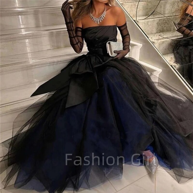 Amanda Sexy Strapless Puffy Prom Dress Blue-Black With Bow Elegant Tulle Puffy A-line Floor Length Formal DressVestidos De Noche