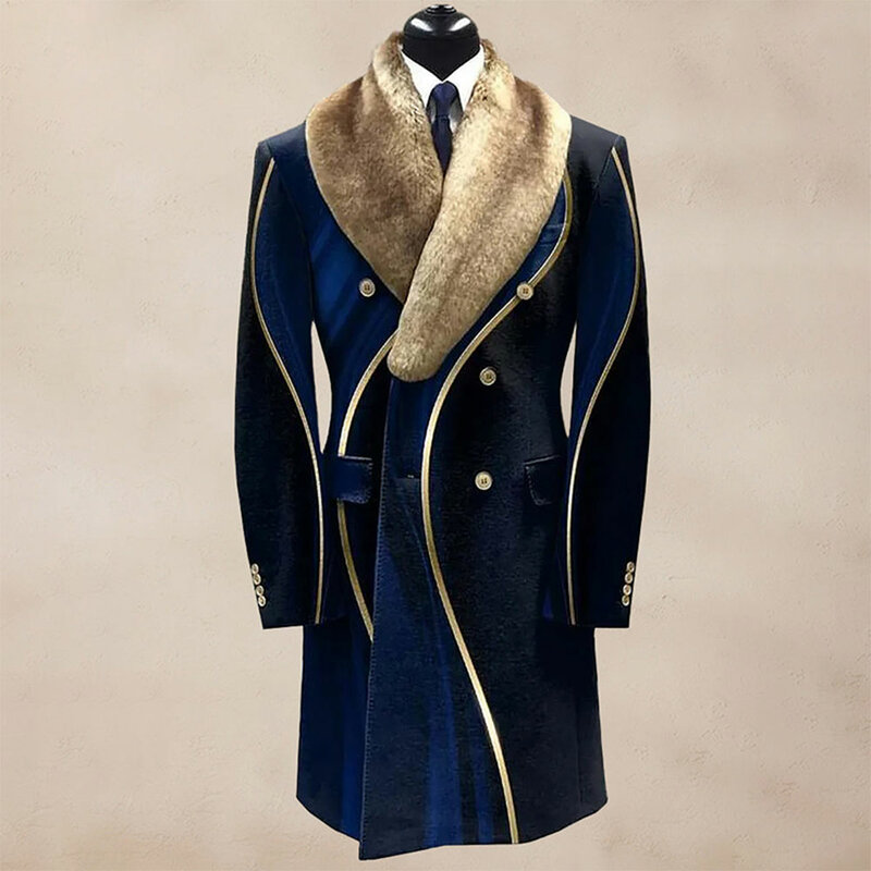 Мужское пальто с меховым воротником, повседневное модное пальто с контрастной перекрестной пуговицей и длинным рукавом, ветрозащитное теплое пальто с меховым воротником