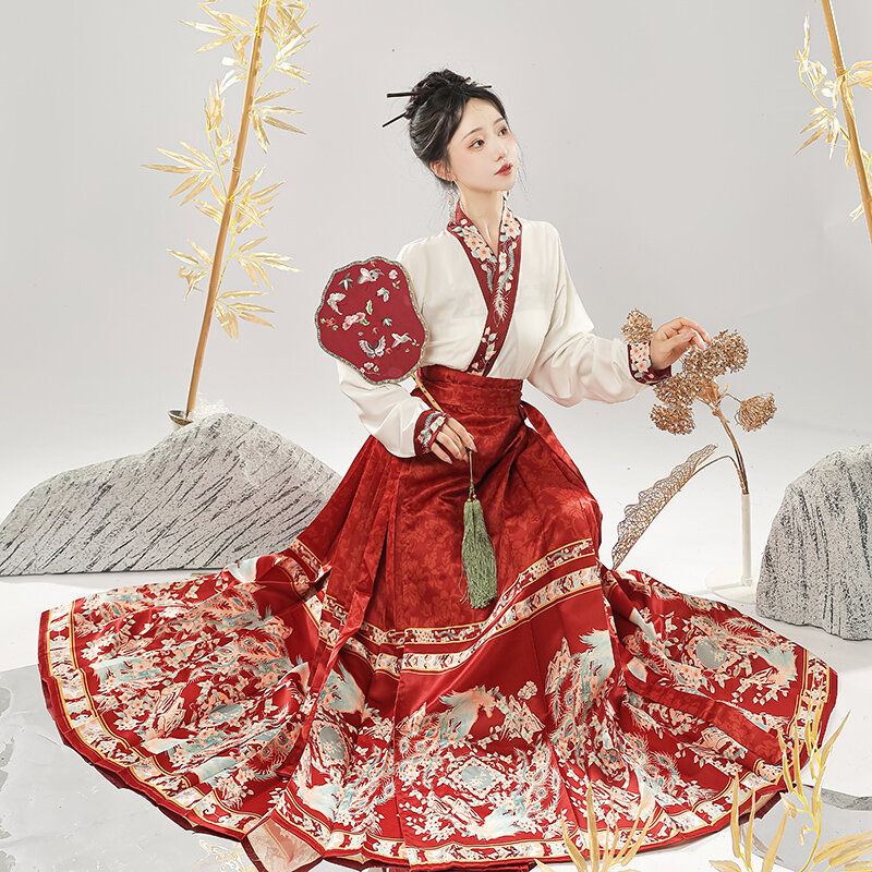 جديد النمط الصيني Hanfu للنساء ، فستان أحمر شرقي ، ملابس تأثيري ، تنورة وجه الحصان ، تحسين أسرة مينغ النسائية