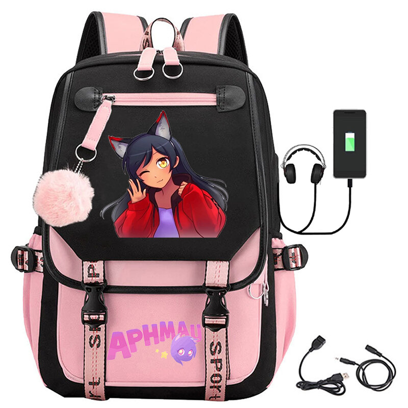 Mochila de grande capacidade para meninos e meninas, mochila de Anime impermeável, mochila USB cheia de desenhos animados 3D Aphmau Print, estudantes