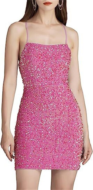 Sexy Short Party Dress For Women Sequins Backless Cross The Straps Sleeveless Prom Dresses Fashion Bodycon Ladies Nightclub Gown