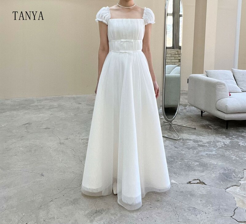 New Tulle Square Collar Wedding Dress Short Sleeves Lace Up Back Wedding Photoshoot Bridal Party Dress A Line Simple Bridal Gown