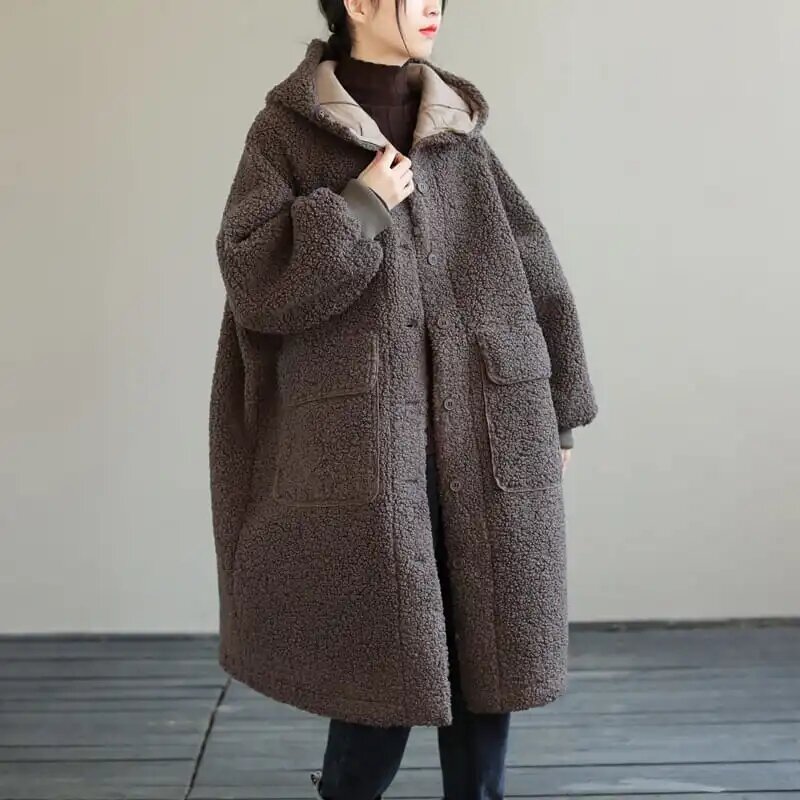 Chaqueta de piel sintética con capucha para mujer, abrigo holgado Vintage de longitud media, arte literario, moda de otoño e invierno, 2024