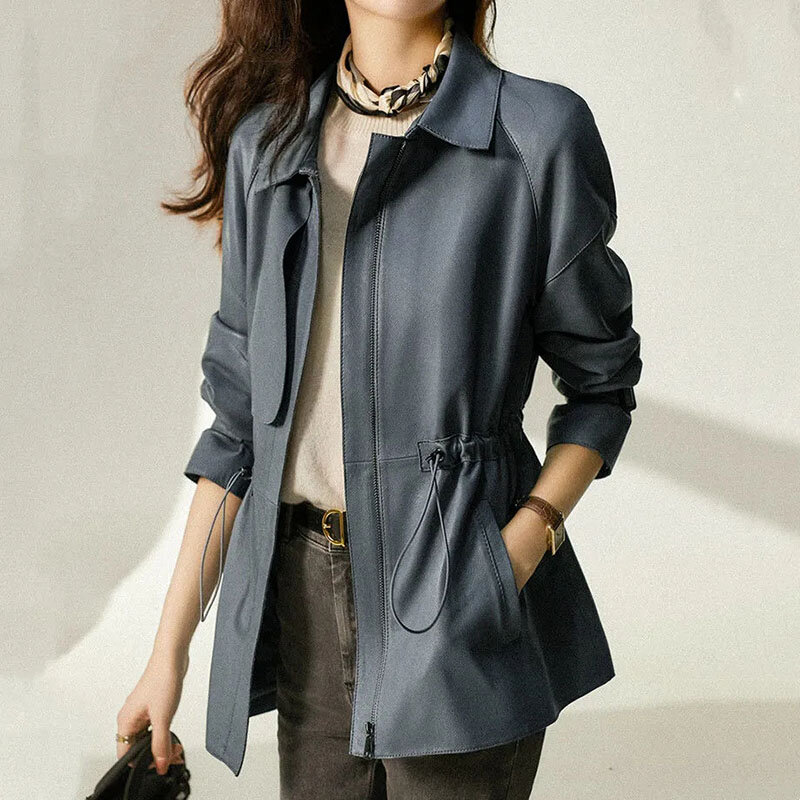 Jaqueta de couro PU feminina de comprimento médio, blusas femininas, estilo ocidental, moda coreana, nova, primavera e outono, 2024