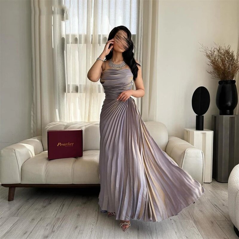 Saudi-Arabien träger loses plissiertes Ballkleid A-Linie Satin formelles Abendkleid für Damen knielanges Bankett kleid 2024