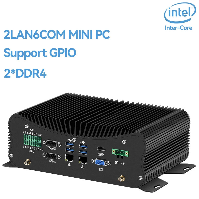 Mini Computador PC Fanless Industrial, Dual LAN 6 COM, Intel Core i7 10610U, 2 x DDR4, GPIO HDMI, suporta Windows 10 Linux