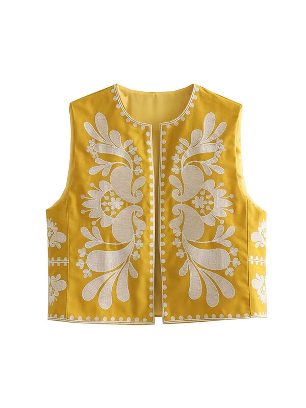 TRAF 자수 민소매 조끼 여성용, 꽃무늬 크롭 재킷, 오픈 보호 조끼, 여름 스트리트웨어 조끼, 2024