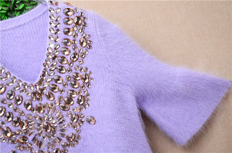 Damskie wiosenno-zimowa moda z włochatymi norek z kaszmiru dzianinowymi rękawami bluzki Slim sweter Angora z dekoltem w szpic