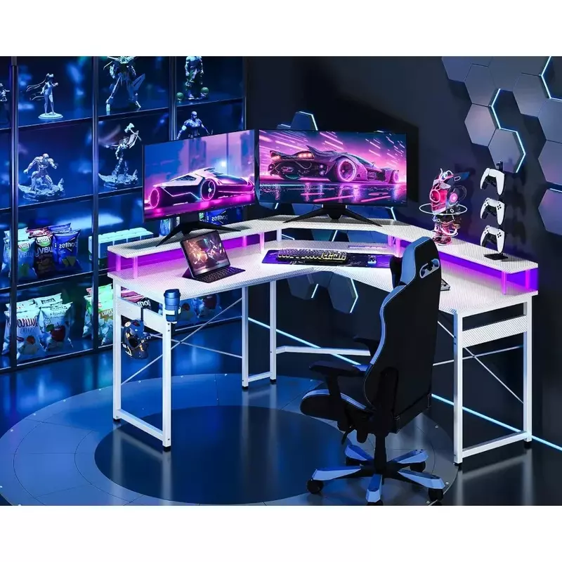 مكتب ألعاب على شكل حرف L مع مصابيح ليد ومقبس طاقة ، مكتب كمبيوتر مع حامل شاشة كاملة ، ألياف كربون بيضاء ، 51 بوصة