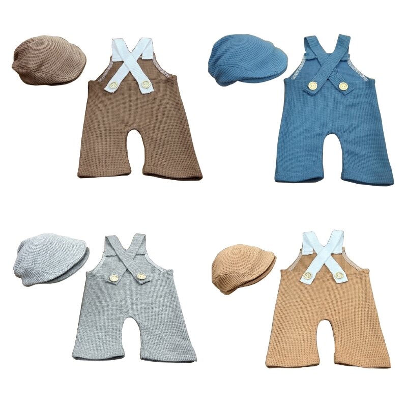Stylish Newborn Baby Suspender Pants and Hat Set Back Strap Pants Suit and Matching Hat Perfect for Photoshoots