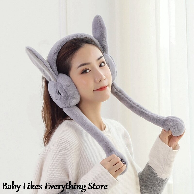 Cute Jumping Earmuff Rabbit Hat with Moving Ears Airbag Hat Funny Bunny Cap Plush Earflap Ear Movable for Adults Kids Gifts Toy