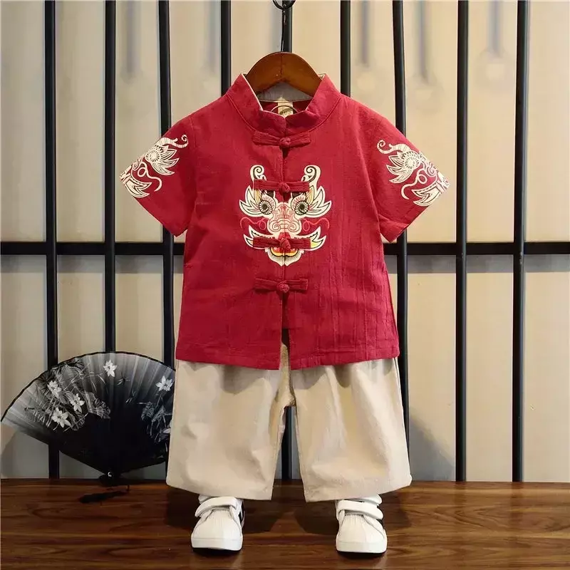 Летний китайский костюм Тан из хлопка и льна для мальчиков и девочек с принтом дракона топ с коротким рукавом Брюки Комплект Детская китайская Новогодняя одежда
