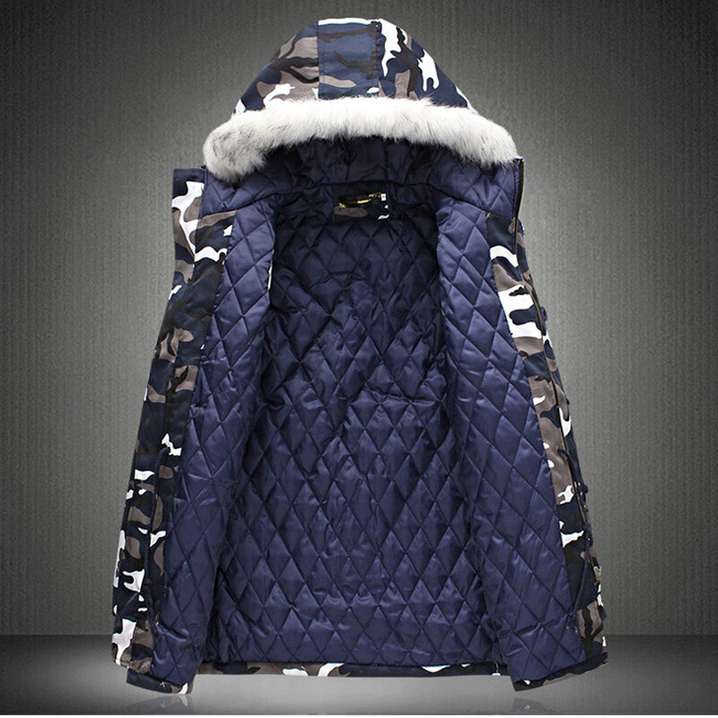 남성용 겨울 모피 칼라 후드 위장 면 파카, 남성용 밀리터리 미디엄 롱 코트, 두껍고 따뜻한 면 패딩 재킷