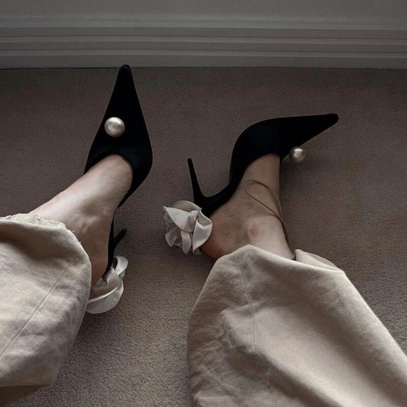 Frauen hochhackige Hausschuhe sexy spitzen Zehen Design Perle verzierte Sandalen gemütliche flache Mund elegante Party Bankett High Heels