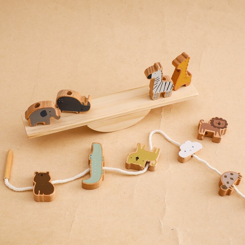 아기 동물 스레딩 시소 장난감 나무 쌓기 장난감 블록 게임 몬테소리 실습 능력 교육 어린이 선물