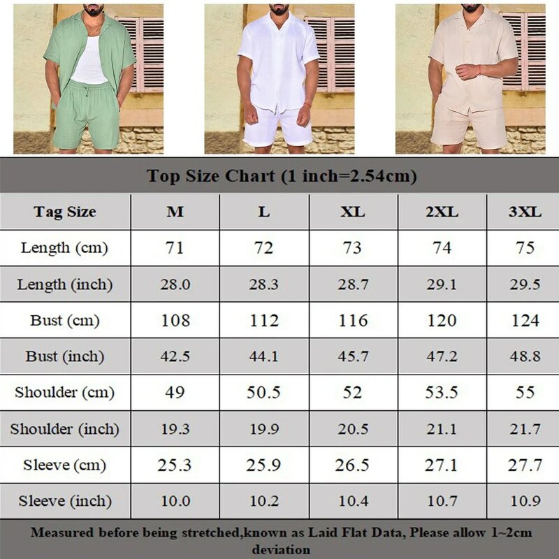 Suit Two-piece Set Holiday Solid Summer Two-piece Set Lapel Linen Suit Men Oversized Shirts Shorts Summer Comfy