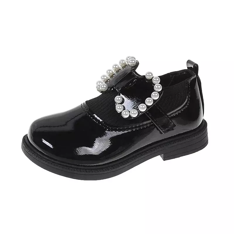 Zapatos de princesa británica con lazo de perlas para niños, zapatos de cuero para niñas, suela suave, primavera y otoño, 2024