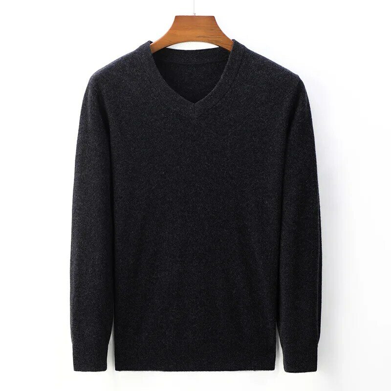Sweter rajut hangat baru musim gugur musim dingin kualitas terbaik 100% wol pakaian rajut pria leher V warna polos klasik pakaian kasual bisnis