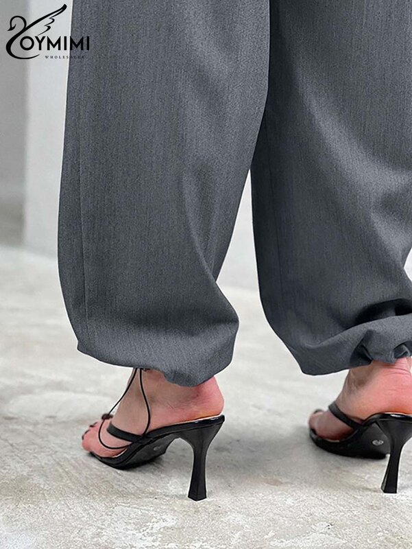 OYMIMI-Conjunto elegante de 2 peças para mulheres, manga longa, camisas de seios duplos, calça de cintura alta na cintura, moda cinza