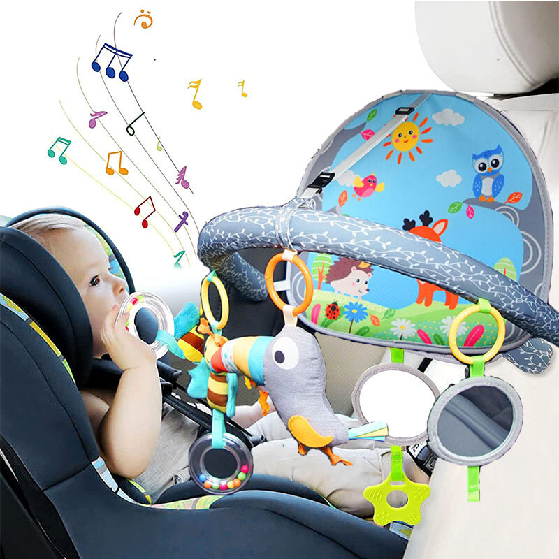 Mainan kursi mobil untuk bayi, kursi mobil belakang, mainan gantung, Pusat Permainan tendangan, lengkungan aktivitas kursi mobil dengan derak cermin musik untuk bayi